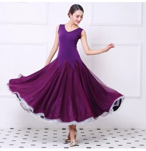 Purple ballroom dance dresses for women girls sleeveless waltz tango foxtrot competition swing skirt Sleeveless ballroom dance performance costumes